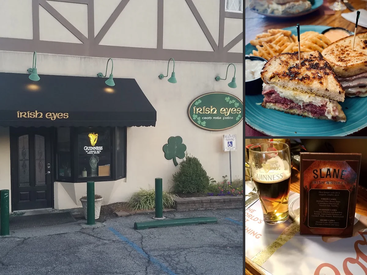 Pub tables with drinks and shared plates.