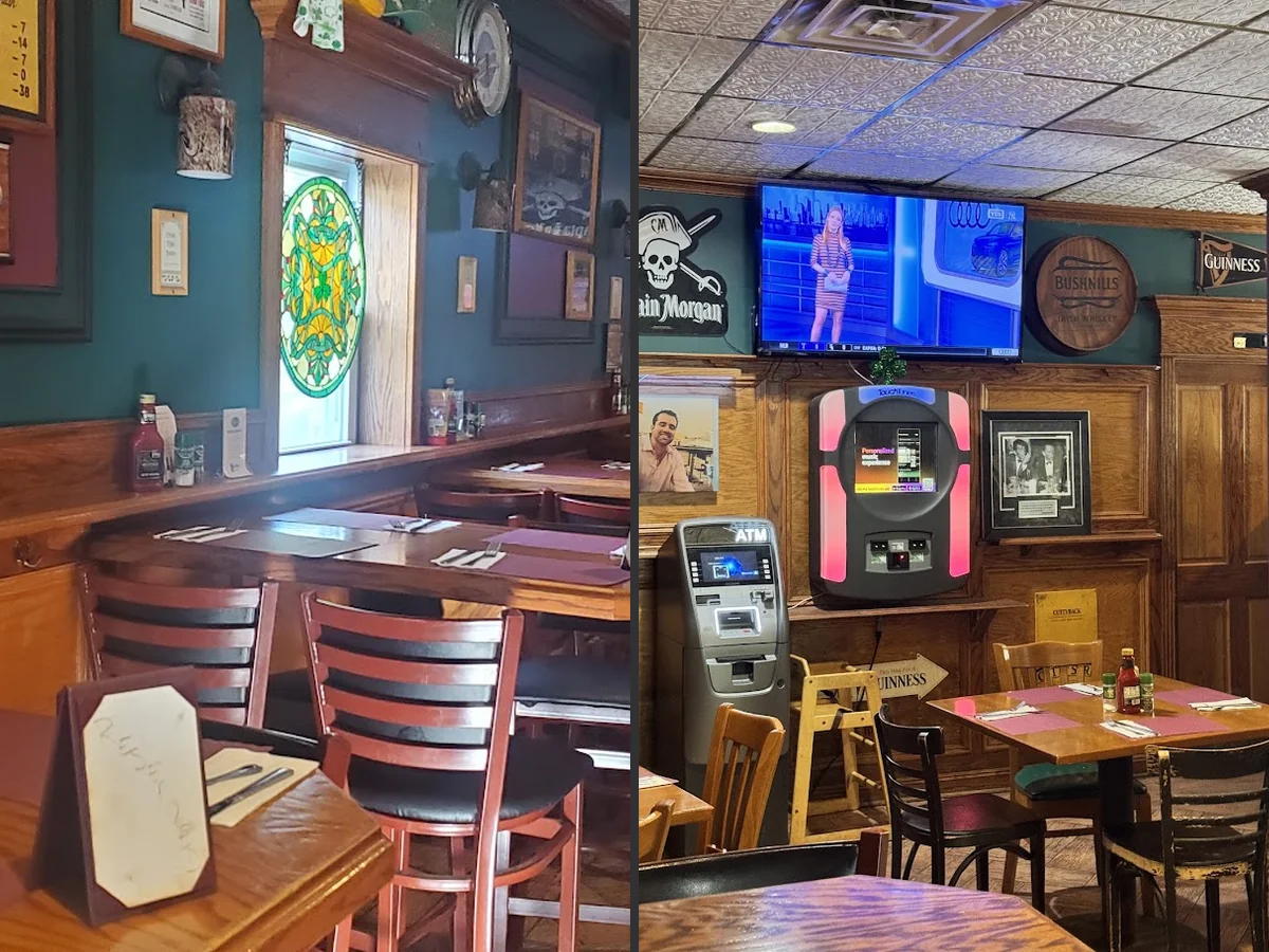 Bar seating beside pints and cocktails.