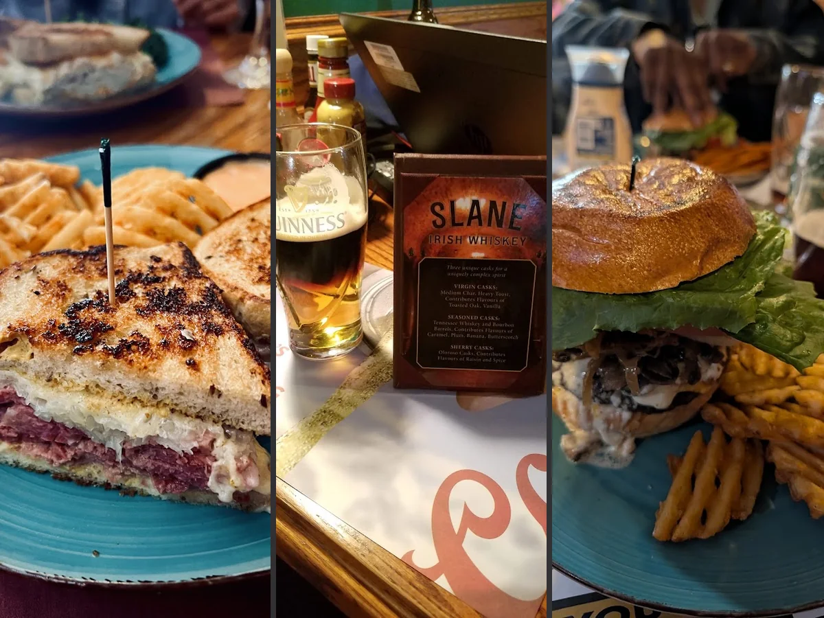 Pub tables with drinks and shared plates.